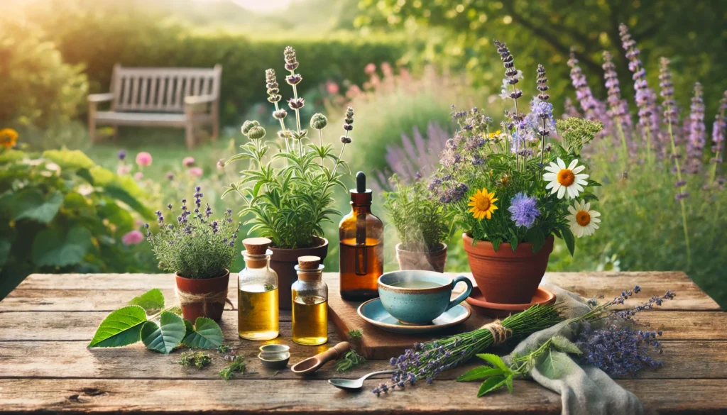 A natural outdoor setting showcasing a wooden table with potted herbal plants like valerian, lavender, and passionflower, accompanied by small bottles of herbal tinctures and a steaming cup of tea. Soft morning light highlights the fresh and organic vibe.