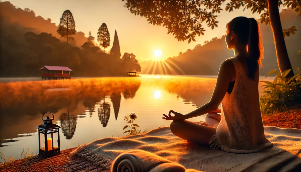 A peaceful outdoor scene of a person meditating at sunrise, seated cross-legged on a soft blanket near a tranquil lake. The golden hues of the rising sun reflect on the water, surrounded by lush trees, creating a calming and harmonious atmosphere for relaxation and natural circadian rhythm alignment.