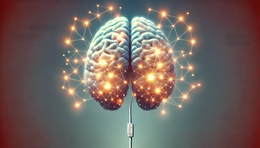 Illustration of the brain’s arousal systems, including the hypothalamus, thalamus, and brainstem, depicted as interconnected glowing nodes. The image highlights overactivity in these regions, symbolizing difficulties in transitioning from wakefulness to sleep, with a gradient background representing the shift between night and day.