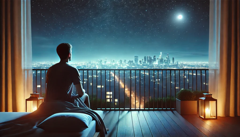 A tranquil nighttime scene of a young adult sitting on a balcony, overlooking a softly lit city skyline under a starry sky. The serene setting emphasizes relaxation and winding down before sleep.