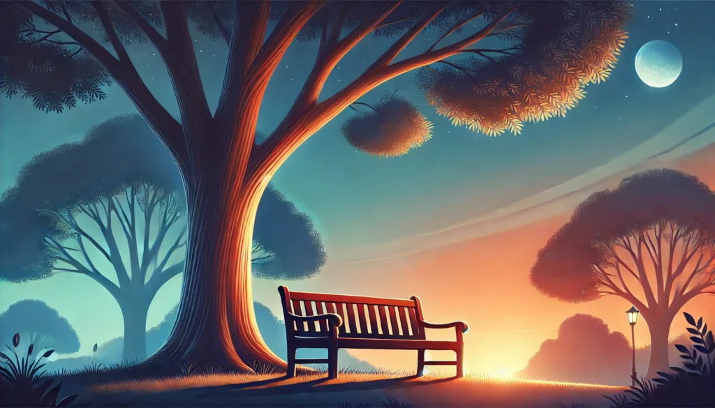 A tranquil park at twilight featuring a quiet bench under a large tree, illuminated by the soft glow of sunset transitioning to evening blues. The serene atmosphere invites calmness, with no human figures or text.