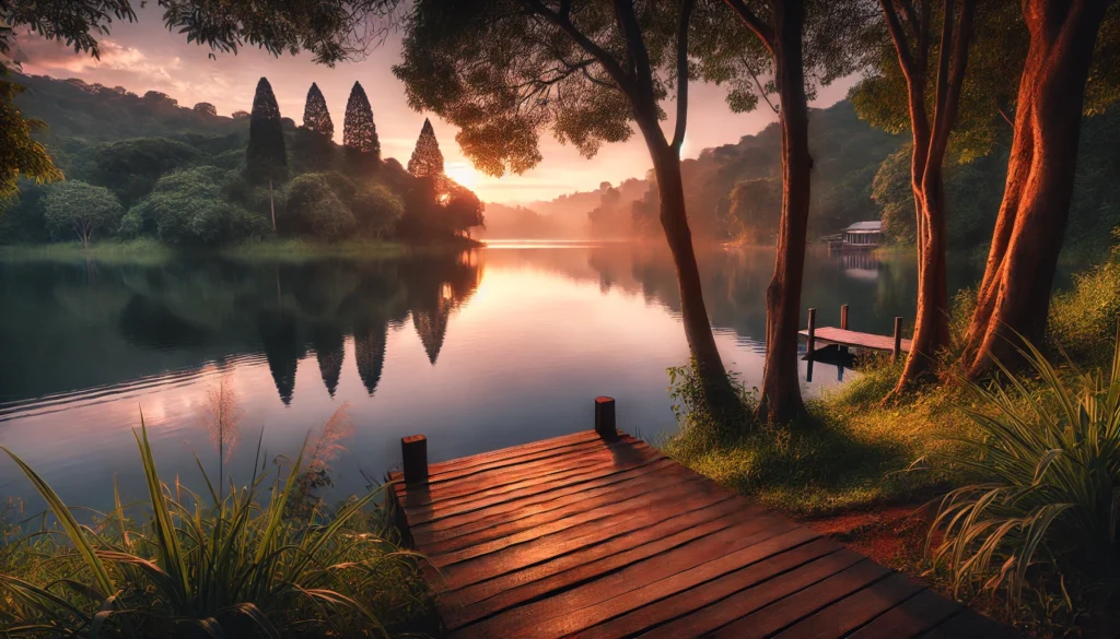 A tranquil natural landscape at dusk with a calm lake reflecting soft sunset hues, surrounded by lush greenery and tall trees, and featuring a wooden dock extending over the water, perfect for relaxation and mindfulness.