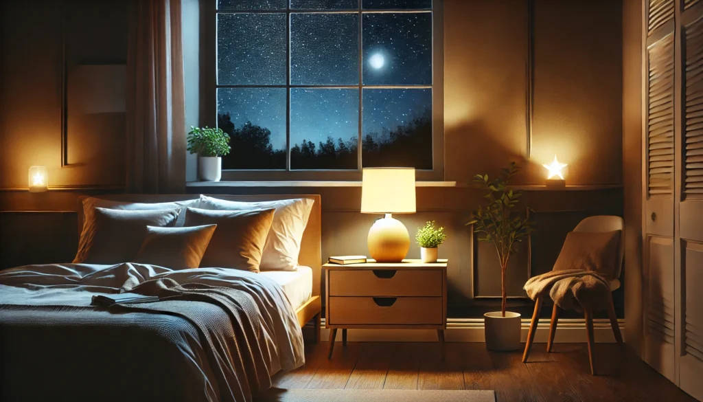 A tranquil bedroom with dim lighting, a glowing nightstand lamp, a cozy bed with neutral bedding, and a clear starry night visible through the window, symbolizing melatonin production in darkness.