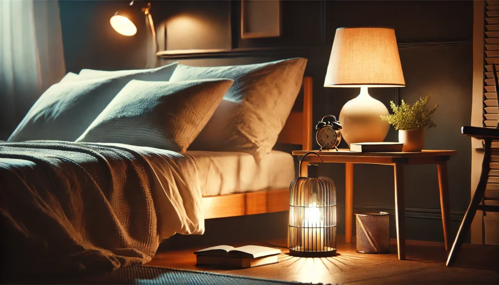 A tranquil nighttime setup featuring a cozy bed under soft, warm lighting. The scene includes a bedside table with a glowing lamp, a book, and a small plant, symbolizing relaxation and the calmness associated with restful sleep.