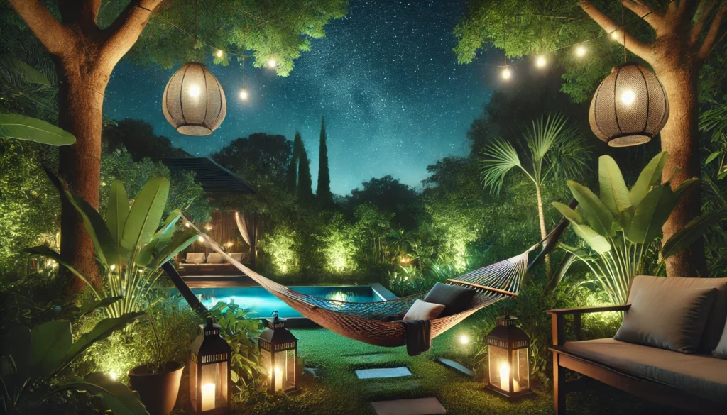 A tranquil outdoor nighttime setting with a hammock surrounded by lush greenery under a starlit sky, softly illuminated by lantern lighting, creating a peaceful and relaxing atmosphere.

