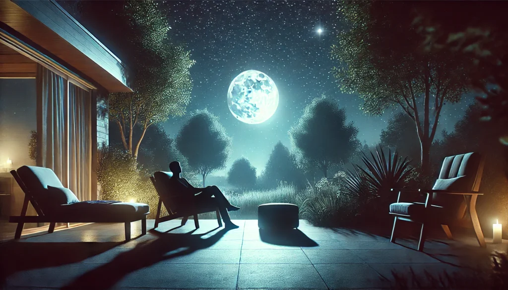 A serene outdoor night scene featuring a starry sky illuminated by moonlight. A person relaxes on a comfortable chair in a quiet garden, surrounded by soft shadows and tree silhouettes, creating a tranquil ambiance for winding down before sleep