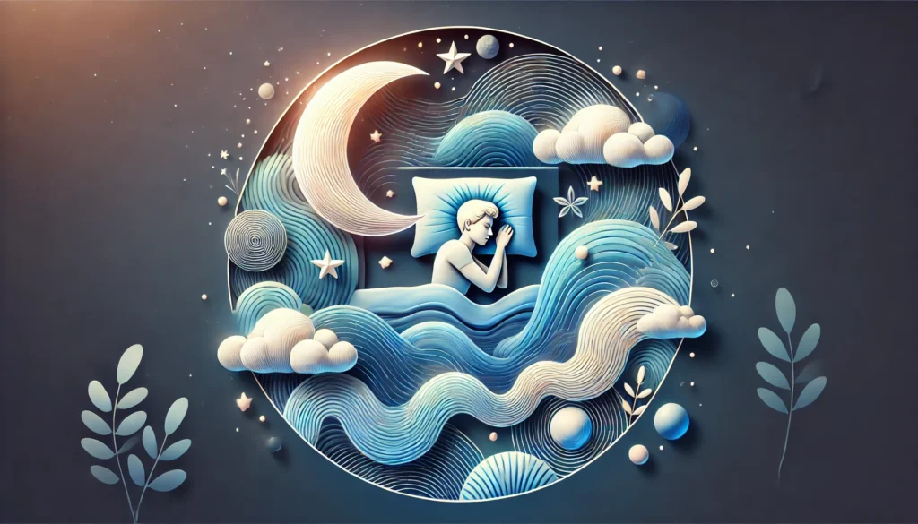 An artistic representation of a glowing bed surrounded by abstract elements such as soft waves, stars, and a crescent moon, symbolizing tranquility and the importance of quality restorative sleep for young adults.