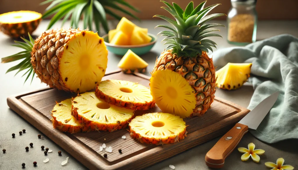 A fresh pineapple sliced into rings and wedges, arranged on a wooden cutting board, highlighting its bright yellow color and juicy texture, emphasizing its natural melatonin-boosting properties for better sleep.