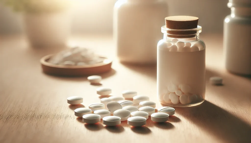 A close-up of plain, white pills scattered on a wooden surface, illuminated by soft, warm lighting, with no text or labels to maintain a neutral and calming aesthetic.