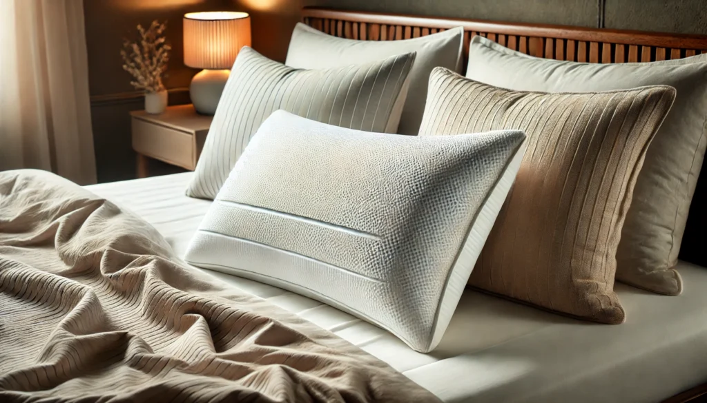 A close-up of a plush memory foam pillow with a cooling gel layer, placed on a neatly made bed. The surrounding bedding in neutral tones enhances the clean and cozy aesthetic, highlighting modern sleep technology and comfort.