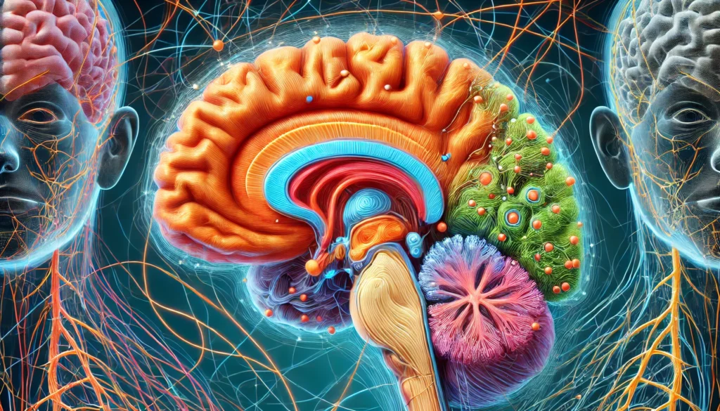 A vibrant, text-free artistic rendering of the pons in the brainstem, emphasizing its anatomical significance and neural connections to other brain regions, focusing on its roles in motor control and sleep regulation.