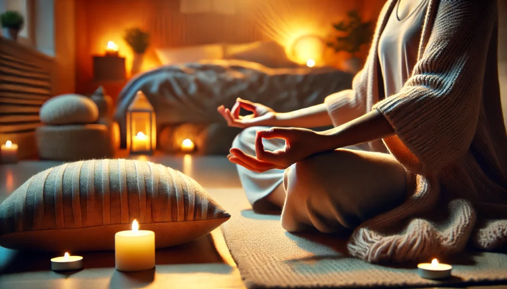 A serene close-up of a person meditating before bedtime in a warm and peaceful setting with soft lighting and cushions, promoting mindfulness and preparation for restful sleep.