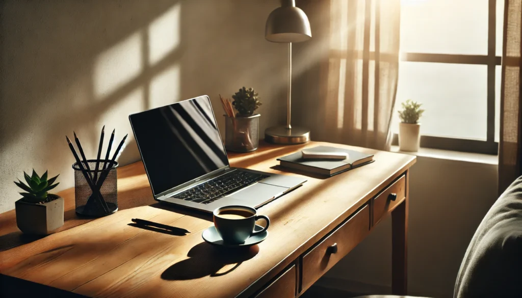 A serene workspace featuring a wooden desk, a laptop, a cup of coffee, and natural light streaming through a nearby window, symbolizing focus and productivity after a restful night of sleep.