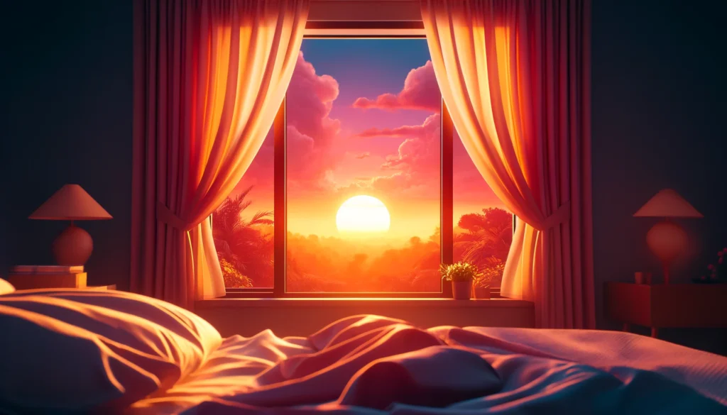 A serene sunrise view from a bedroom window with warm orange and pink hues, partially opened curtains, and a cozy bed, symbolizing rejuvenation after a good night’s sleep.