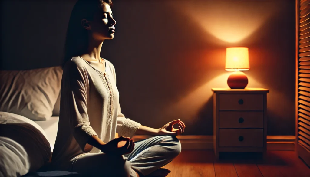 A person meditating in a dimly lit room before bed, practicing relaxation techniques. A bedside lamp casts a warm glow, creating a serene atmosphere that highlights the importance of winding down for restful sleep.