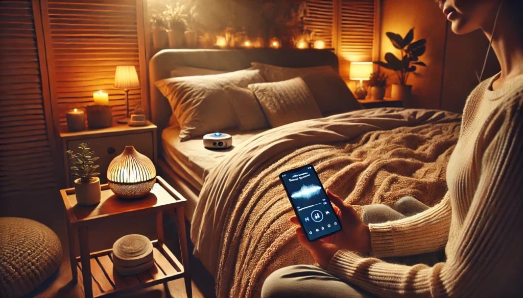 A serene bedroom scene featuring a person lying on a comfortable bed while listening to sleep hypnosis audio. The room is softly illuminated with warm lighting, complemented by a cozy blanket and an aroma diffuser on a bedside table, creating a calming atmosphere for rest.