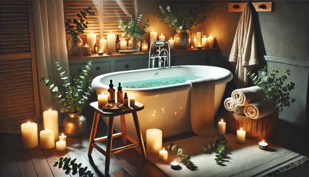 A tranquil bathroom with a freestanding bathtub surrounded by lit candles and eucalyptus leaves. Soft lighting creates a spa-like atmosphere, complemented by essential oils, fluffy towels, and a cozy bathrobe on a wooden stool.