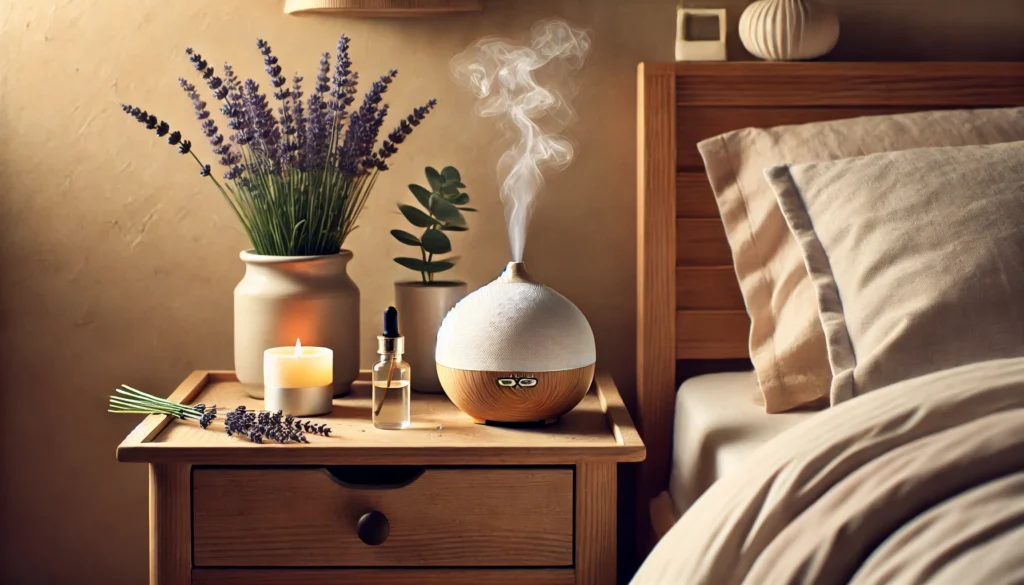 A calming bedside table featuring a small aromatherapy diffuser emitting soft mist, surrounded by natural elements like a lavender plant and a candle, creating a peaceful ambiance for better relaxation and sleep.