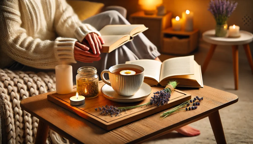 A serene evening setup with a woman’s hand holding a cup of chamomile tea on a wooden table surrounded by a book, a lit candle, and dried lavender. Soft, warm lighting and a cozy blanket create a calming atmosphere ideal for a pre-sleep ritual.