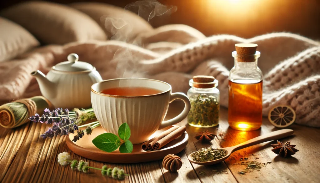 A close-up of a steaming cup of herbal tea on a wooden table with a soft blanket in the background, symbolizing relaxation techniques for enhancing sleep quality.