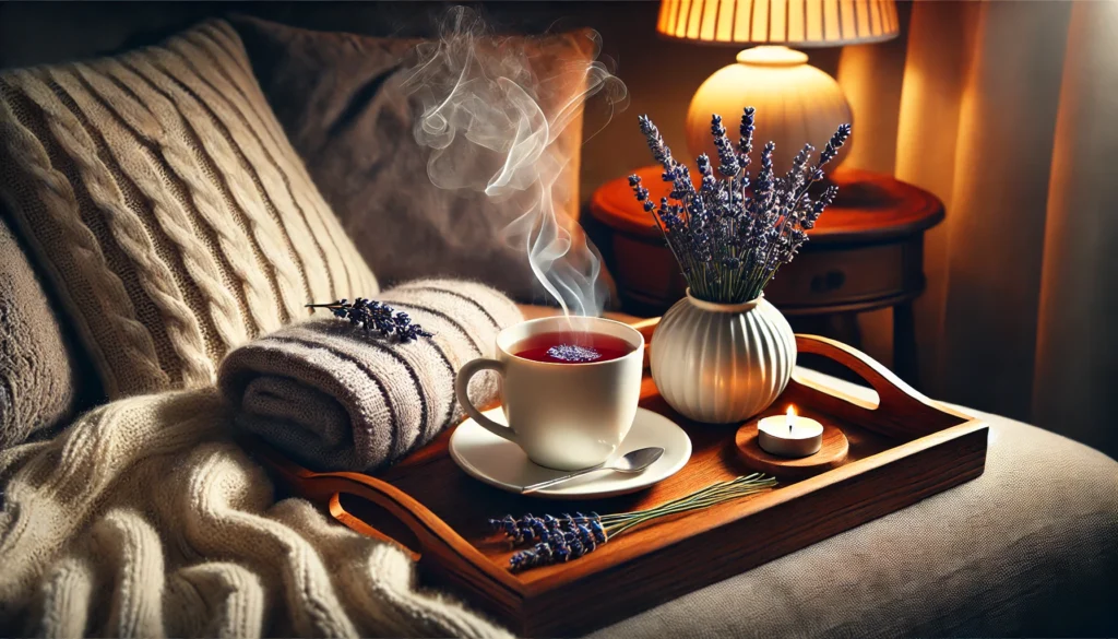 A tranquil nighttime setup featuring a steaming cup of lavender tea on a wooden tray, a sprig of lavender, and a cozy knit blanket, placed on a soft couch by the warm glow of a lamp, creating a serene relaxation ambiance.