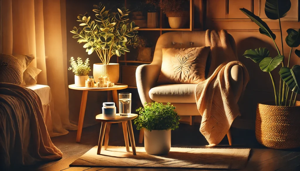 A cozy living room corner featuring a soft armchair, a side table with a small plant, a glass of water, and a container of vitamins, softly lit by warm ambient lighting. The setting fosters relaxation and sleep preparation.