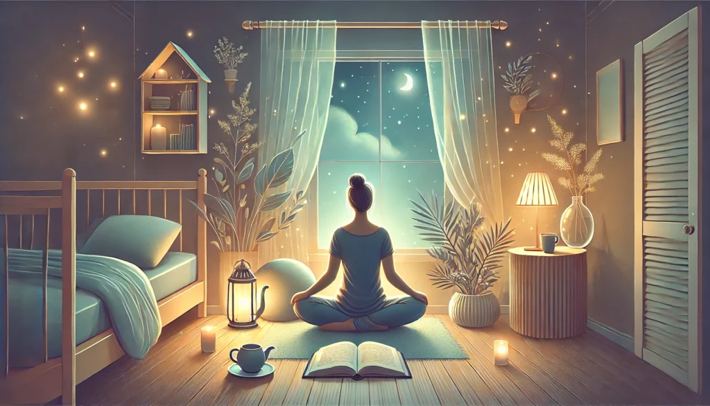 A calm scene depicting stress-free nighttime habits for young adults, featuring a person sitting cross-legged in a cozy corner with a cup of tea, soft lighting, and a book. The tranquil atmosphere promotes relaxation before sleep.