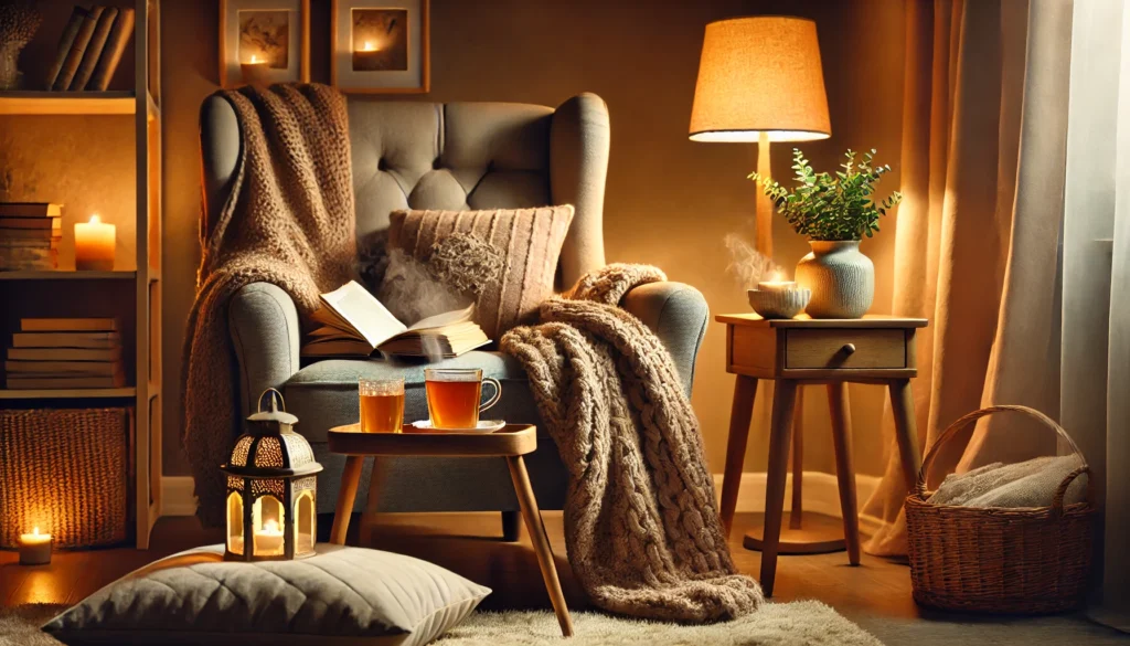 A cozy reading nook with a plush armchair, a soft blanket, a side table holding a steaming cup of herbal tea, and a book. Warm lighting from a floor lamp creates a soothing atmosphere, ideal for relaxation and preparing for restorative REM sleep.