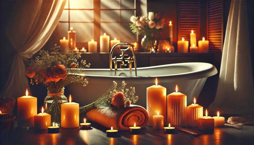 A serene spa-like setting featuring a warm bath surrounded by flickering candles, fresh flowers, and a soft ambient glow, evoking a tranquil and relaxing environment perfect for unwinding before sleep.