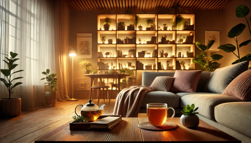 A warm and inviting living room featuring a person relaxing on a modern sofa, surrounded by soft ambient lighting. A cup of herbal tea is placed on a wooden coffee table, with a bookshelf in the background holding neatly arranged books and plants, creating a serene and calming environment.