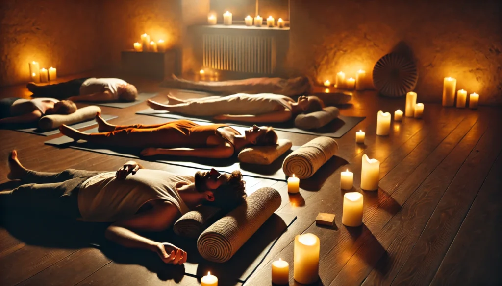 An intimate candlelit room with participants practicing restorative yoga, lying on mats with bolsters and blankets. The dim lighting and warm ambiance emphasize relaxation and stress relief, creating the perfect setting for improving sleep.