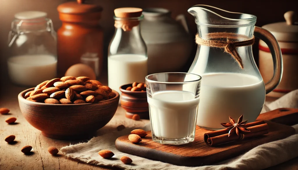 A cozy rustic kitchen setting with a pitcher of milk, a glass, a bowl of almonds, and a cinnamon stick on a wooden countertop, evoking warmth and natural comfort.