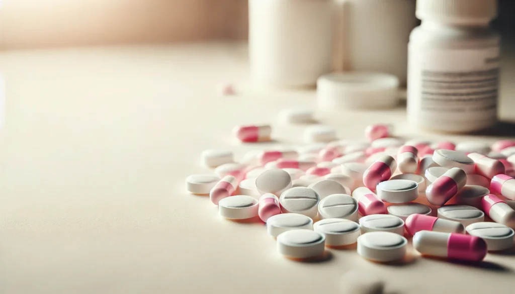 A natural image of scattered white and pink pills on a plain surface, representing diphenhydramine medication with a focus on simplicity and texture, without any text or branding.