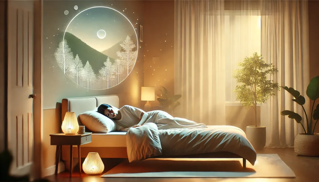 A serene bedroom scene with soft ambient lighting and a person peacefully sleeping, symbolizing the restorative role of homeostatic sleep pressure in maintaining balance and recovery.