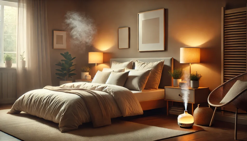 A tranquil bedroom featuring soft, warm lighting, a neatly made bed with plush pillows, and neutral-toned walls. A diffuser emits a gentle mist beside a potted plant, creating a relaxing environment ideal for better sleep.