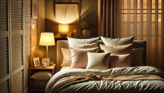 Learn how to wind down before bed. This image shows a serene bedroom at night featuring a neatly made bed with soft, fluffy pillows, a warm-lit bedside lamp, and soothing neutral-toned decor. The room is clutter-free with a small plant adding a natural touch, creating a calming environment perfect for relaxation before sleep.