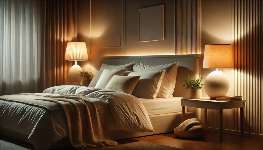 A nighttime scene of a serene bedroom with soft lighting from a bedside lamp, a neatly made bed, and calming neutral tones. Cozy textures, a warm blanket, and a potted plant enhance relaxation and create an ideal environment for restful sleep.