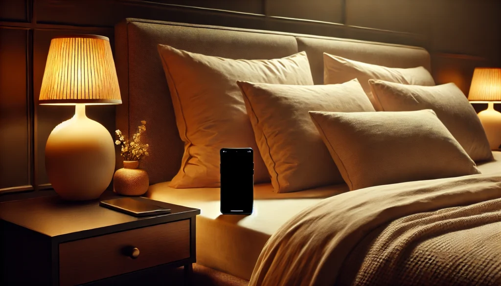 A tranquil bedroom scene featuring a cozy bed with soft pillows, warm ambient lighting, and a bedside table holding a smartphone with a blank black screen. The minimalist decor emphasizes relaxation and the subtle integration of modern technology.