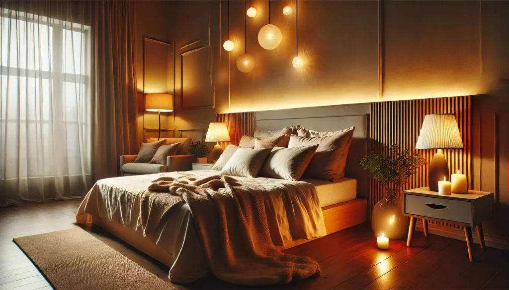 A peaceful bedroom scene featuring a cozy bed with soft pillows and a warm blanket, surrounded by ambient lighting. The minimalist decor creates a relaxing environment perfect for restful sleep.