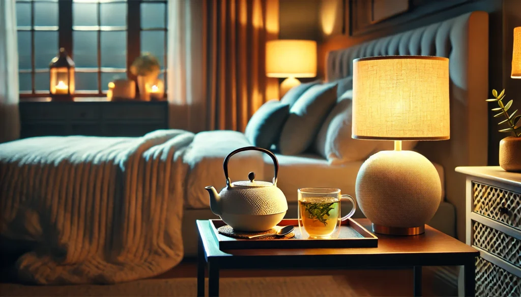 A tranquil bedroom during the evening featuring a bedside table with a softly glowing lamp and a cup of herbal tea. In the background, a cozy bed with blankets complements the neatly arranged room, offering a peaceful ambiance for restful sleep.