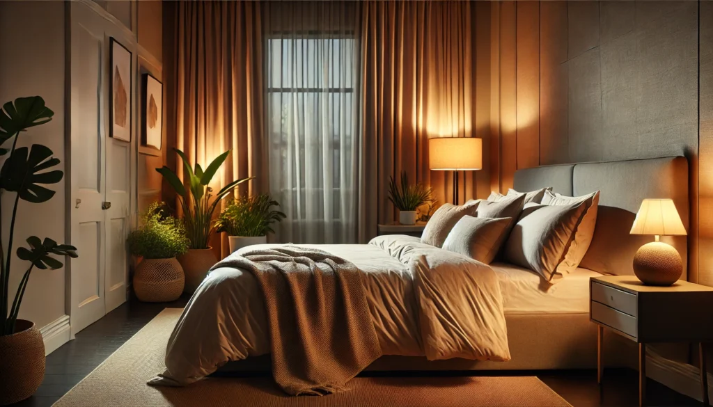 A peaceful evening bedroom featuring a neatly arranged bed with soft linens and a plush blanket. Warm ambient lighting from a bedside lamp, blackout curtains, and soothing natural decor like potted plants create the ideal environment for deep, restorative sleep.