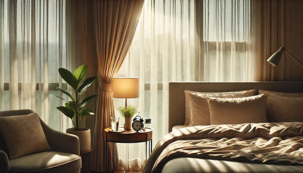 A tranquil bedroom bathed in soft morning sunlight streaming through sheer curtains, showcasing a neatly made bed and a bedside table with a clock, a glass of water, and a potted plant.