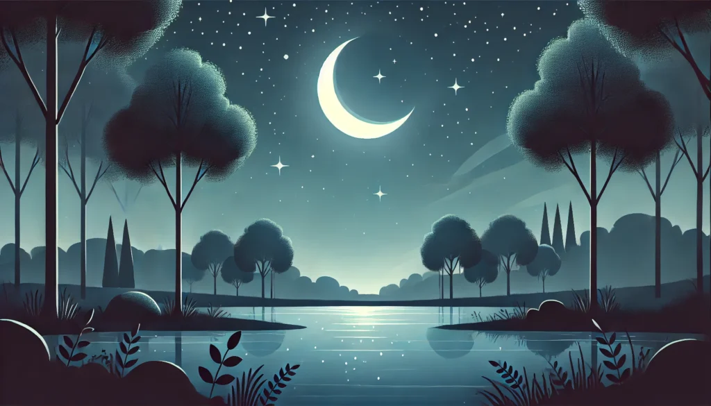 A peaceful nighttime outdoor scene with a clear starry sky and a crescent moon illuminating a tranquil lake surrounded by trees. The moonlight's reflection on the water creates a calming ambiance, symbolizing a serene environment for promoting healthy sleep associations, free of text or overlays.