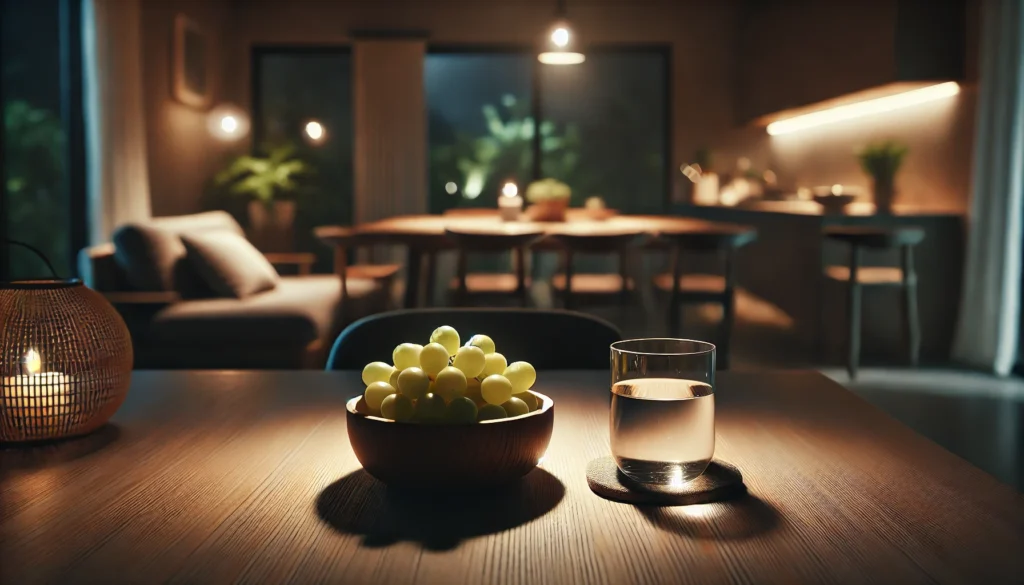 A tranquil nighttime scene showcasing a dining table adorned with a bowl of fresh grapes and a small glass of water. The minimalist wooden table is softly lit by ambient lighting, with a cozy, blurred kitchen area in the background enhancing the calming atmosphere.