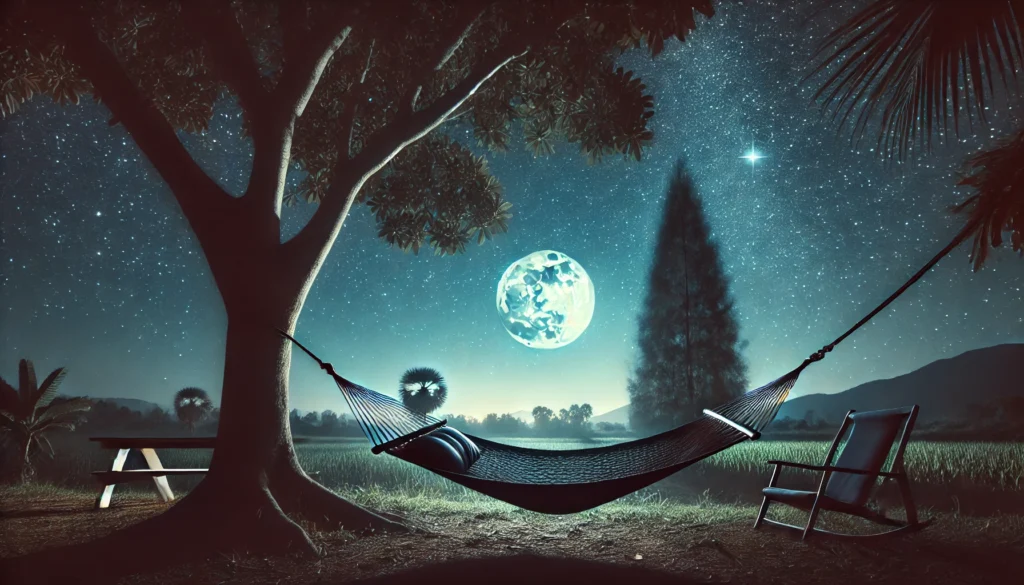 A tranquil outdoor night scene featuring a hammock tied between two trees under a starry sky, softly illuminated by moonlight, symbolizing peaceful and restorative sleep in nature.