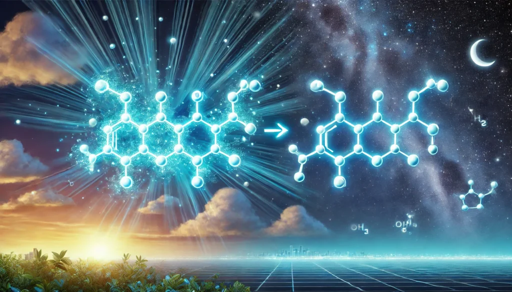 A conceptual depiction of serotonin transforming into melatonin, with glowing molecular structures transitioning from vibrant and active serotonin to calm and soothing melatonin. The background evolves from a bright daytime scene to a tranquil, star-filled night sky, symbolizing the natural shift between wakefulness and sleep.