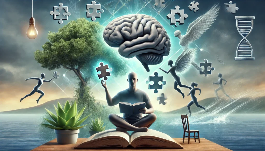 A conceptual digital painting of a person engaging in memory-enhancing activities, such as reading, solving puzzles, and meditating, promoting a good memory