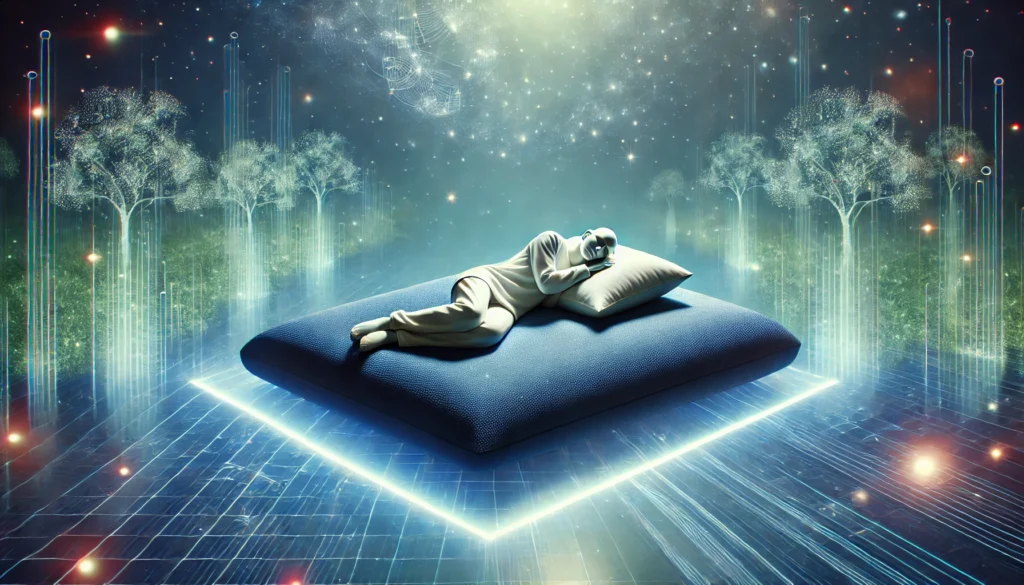 A serene and futuristic representation of quality sleep with a person resting on a memory foam pillow, emphasizing deep sleep and good memory consolidation.