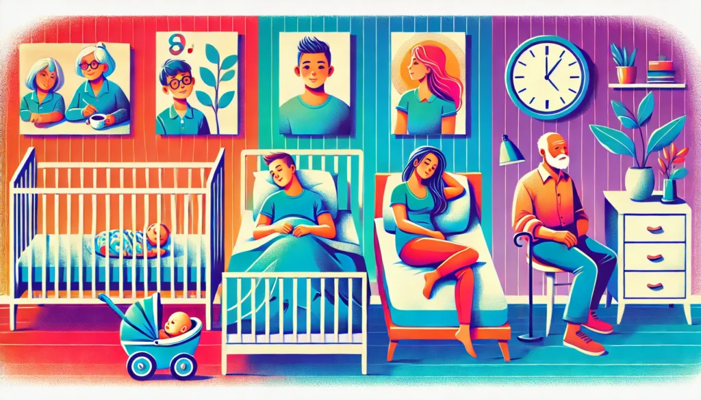 An artistic depiction of a family demonstrating age-specific sleeping arrangements: a baby peacefully asleep in a crib, a teenager resting on a bed surrounded by posters, and an elderly individual on a simple, comfortable bed. The illustration highlights the diverse sleep needs throughout life.