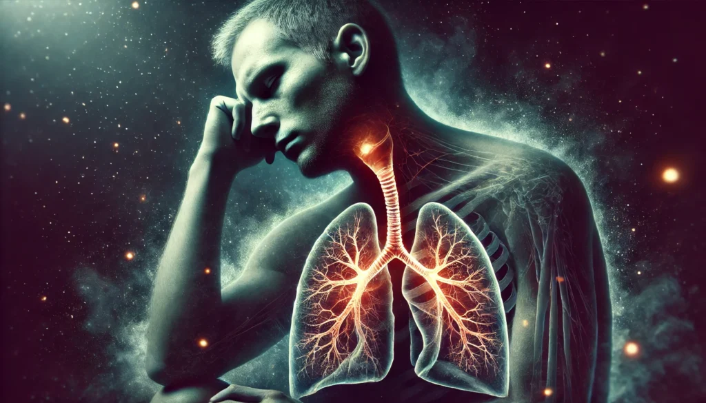 An artistic representation of a fatigued individual suffering from sleep deprivation, with translucent lungs highlighting inflammation and restricted airflow. The dark, moody atmosphere symbolizes exhaustion and its impact on respiratory health.